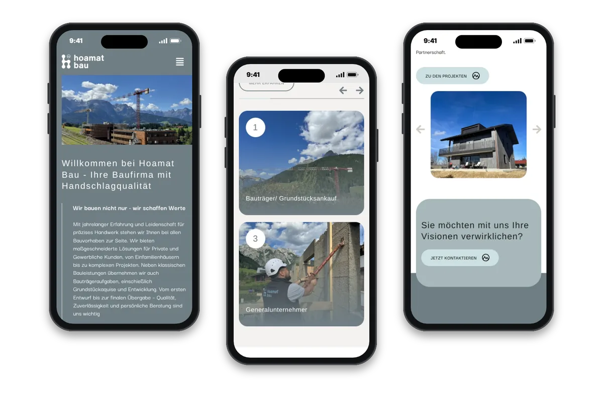 Website von Hoamatbau auf mehreren Smartphones