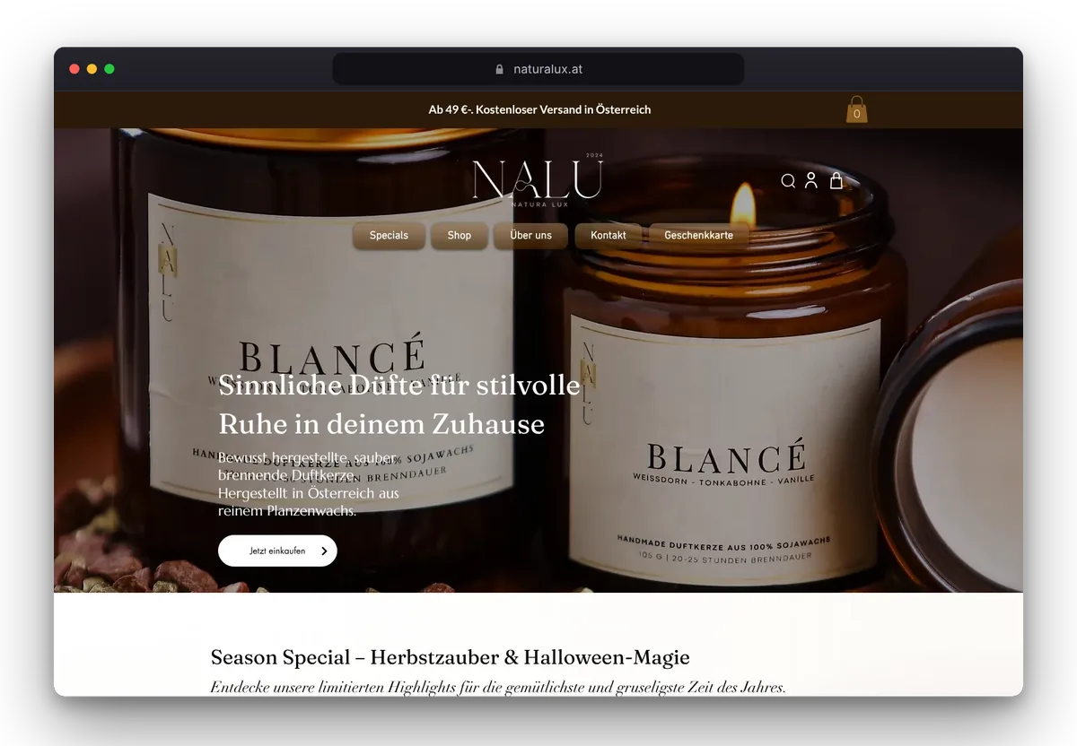 Website von Naturalux im Browser, Ansicht 1